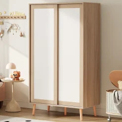 Armoire Enfant - Portes Coulissantes avec Tringle, Meuble de Chambre Pratique - Bois MDF, Blanc et Bois Naturel, 80x46x141,5 cm