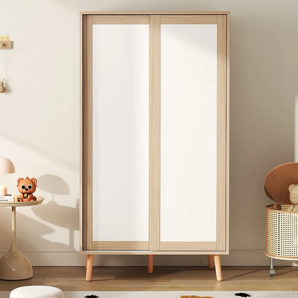 Armoire Enfant - Portes Coulissantes avec Tringle, Meuble de Chambre Pratique - Bois MDF, Blanc et Bois Naturel, 80x46x141,5 cm