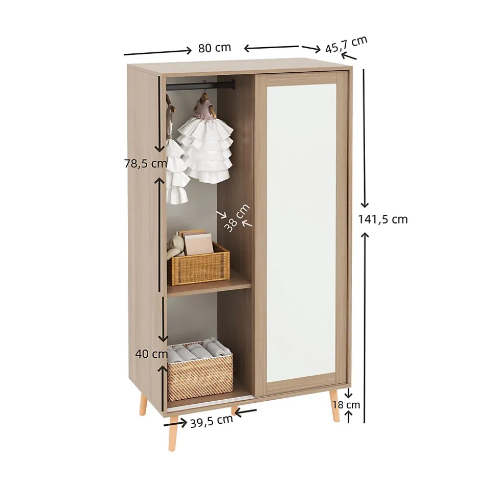Armoire Enfant - Portes Coulissantes avec Tringle, Meuble de Chambre Pratique - Bois MDF, Blanc et Bois Naturel, 80x46x141,5 cm