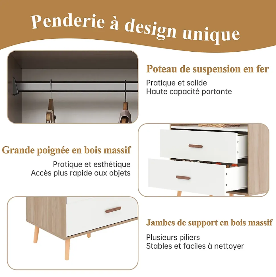 Armoire Enfant à Portes Coulissantes avec Étagères Ouvertes/2 Tiroirs - MDF Massif Blanc/Bois, 80x46x141,5 cm