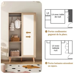 Armoire Enfant à Portes Coulissantes avec Étagères Ouvertes/2 Tiroirs - MDF Massif Blanc/Bois, 80x46x141,5 cm