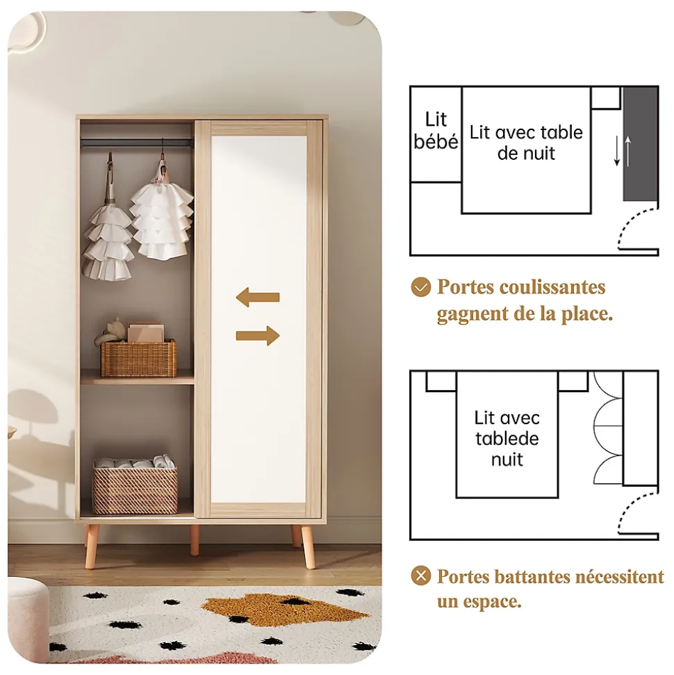 Armoire Enfant à Portes Coulissantes avec Étagères Ouvertes/2 Tiroirs - MDF Massif Blanc/Bois, 80x46x141,5 cm
