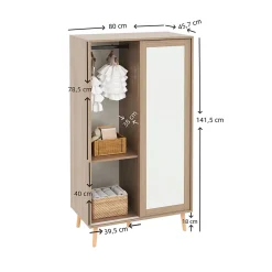 Armoire Enfant à Portes Coulissantes avec Étagères Ouvertes/2 Tiroirs - MDF Massif Blanc/Bois, 80x46x141,5 cm