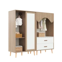 Armoire Enfant à Portes Coulissantes avec Étagères Ouvertes/2 Tiroirs - MDF Massif Blanc/Bois, 80x46x141,5 cm