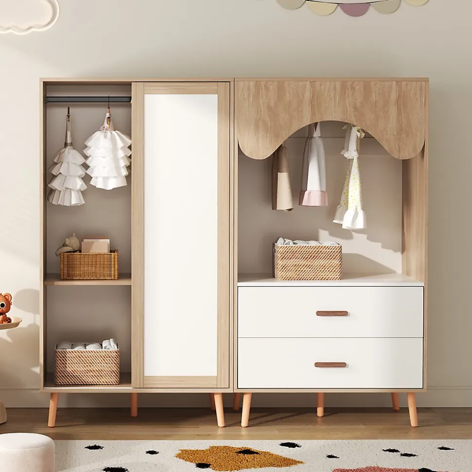 Armoire Enfant à Portes Coulissantes avec Étagères Ouvertes/2 Tiroirs - MDF Massif Blanc/Bois, 80x46x141,5 cm
