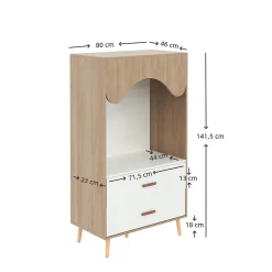Armoire Enfant à Portes Coulissantes avec Étagères Ouvertes/2 Tiroirs - MDF Massif Blanc/Bois, 80x46x141,5 cm