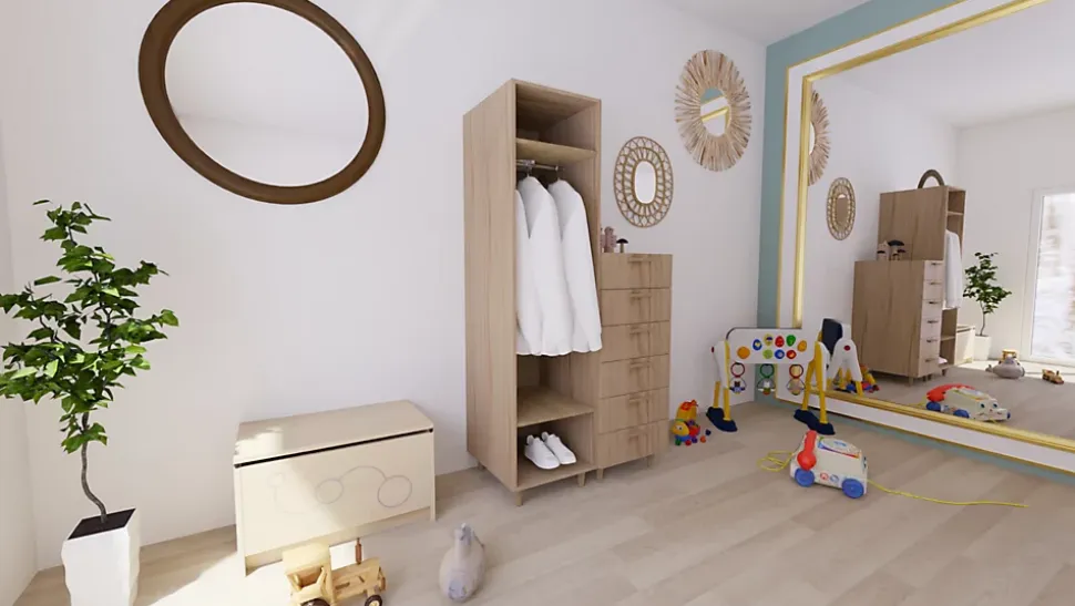 Armoire et commode effet chêne sur pieds 6 tiroirs chambre enfant GoodHome Atomia H. 198,5 x L. 100 x P. 58 cm