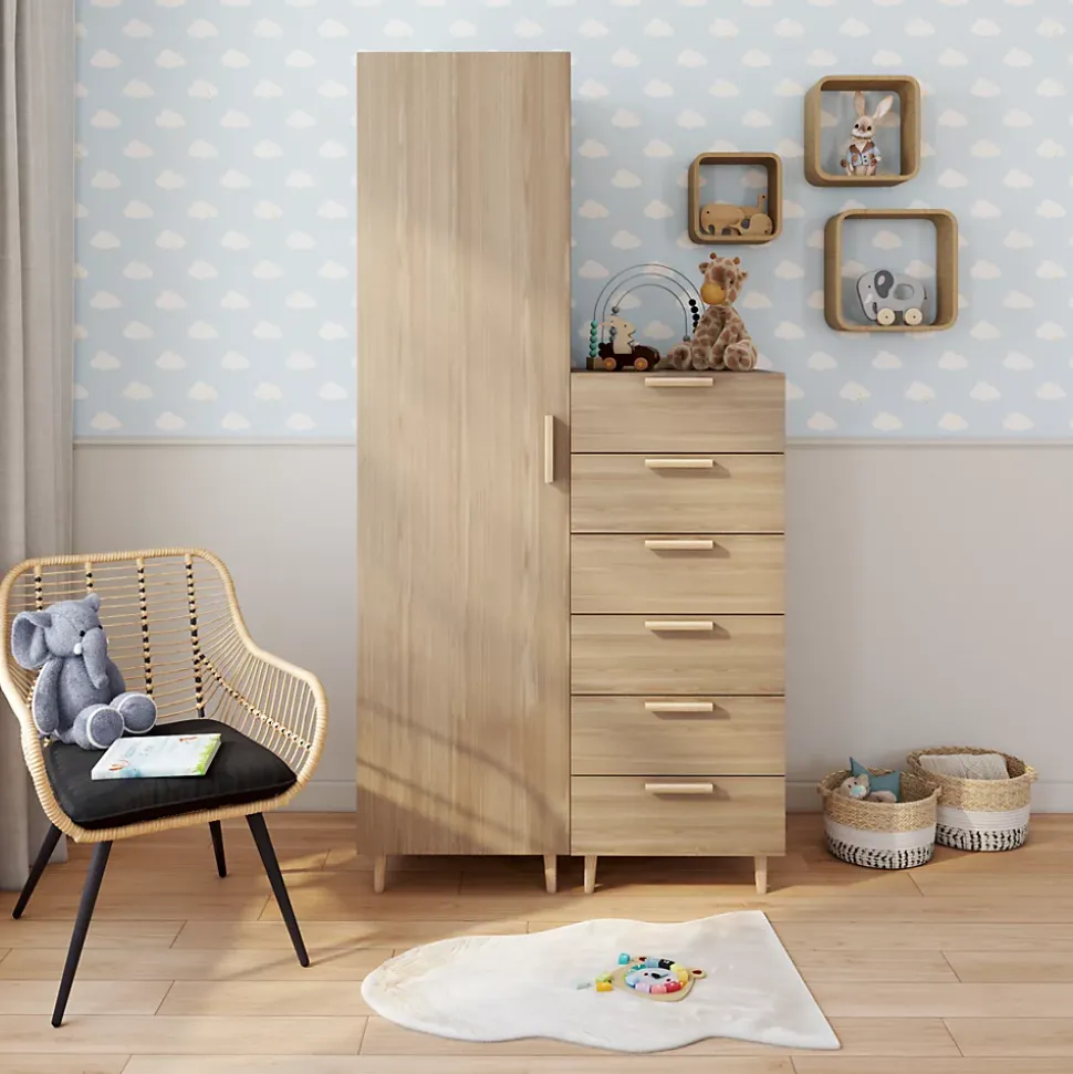 Armoire et commode effet chêne sur pieds 6 tiroirs chambre enfant GoodHome Atomia H. 198,5 x L. 100 x P. 58 cm