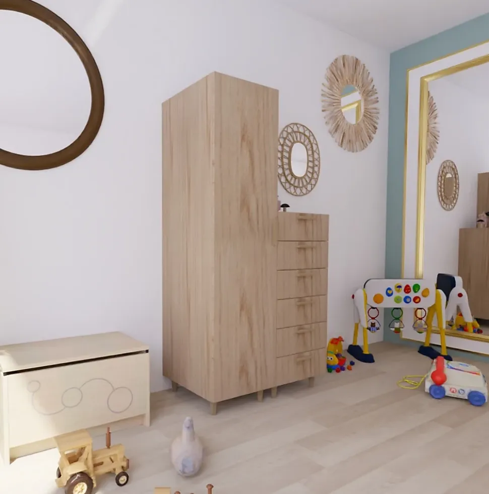 Armoire et commode effet chêne sur pieds 6 tiroirs chambre enfant GoodHome Atomia H. 198,5 x L. 100 x P. 58 cm