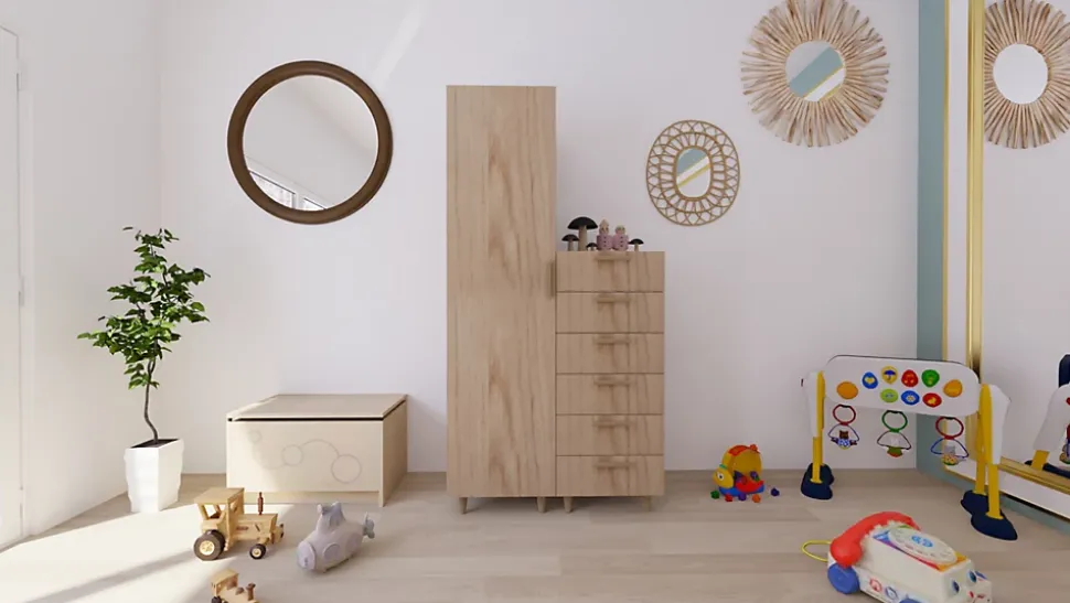Armoire et commode effet chêne sur pieds 6 tiroirs chambre enfant GoodHome Atomia H. 198,5 x L. 100 x P. 58 cm