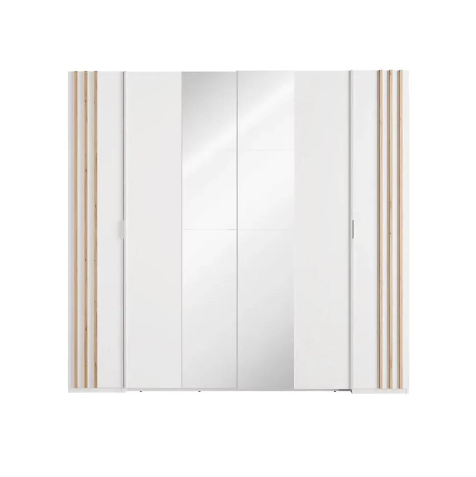 Armoire FLORENCE Blanc et chene 2 portes coulissantes et 2 battantes L218 cm 10 étagères