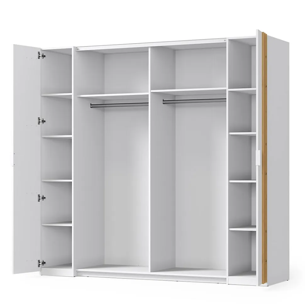 Armoire FLORENCE Blanc et chene 2 portes coulissantes et 2 battantes L218 cm 10 étagères