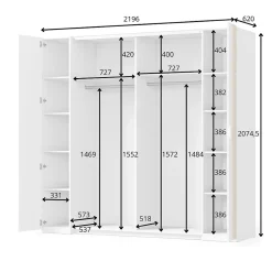 Armoire FLORENCE Blanc et chene 2 portes coulissantes et 2 battantes L218 cm 10 étagères