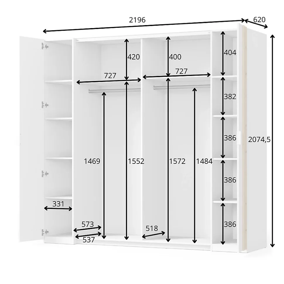 Armoire FLORENCE Blanc et chene 2 portes coulissantes et 2 battantes L218 cm 10 étagères
