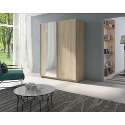 Armoire GOZU 2 portes coulissantes avec miroir - Coloris Chene Sonoma - 180 x 198 x 62 cm
