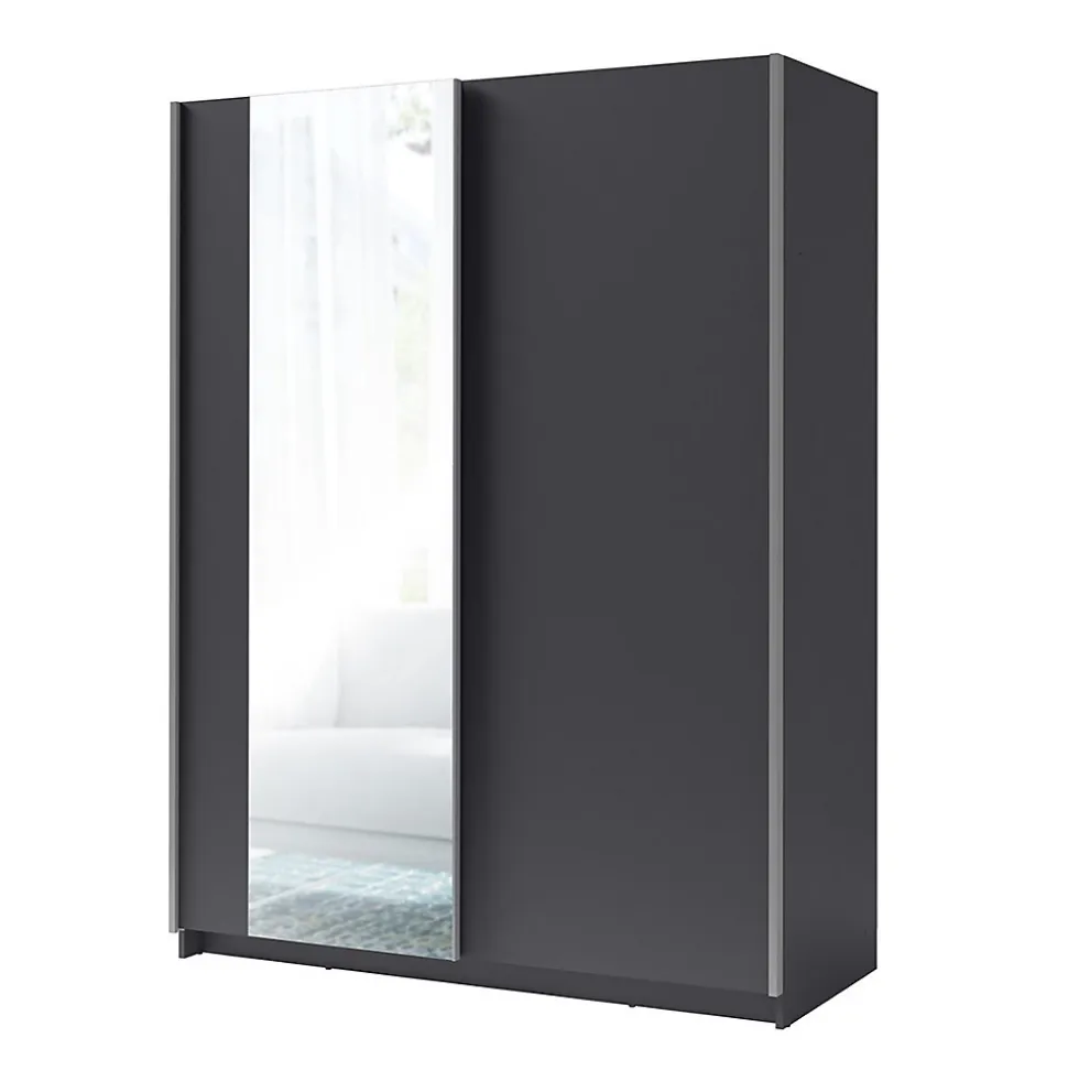 Armoire GOZU 2 portes coulissantes avec miroir - Coloris Gris Graphite - 180 x 198 x 62 cm