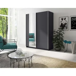 Armoire GOZU 2 portes coulissantes avec miroir - Coloris Gris Graphite - 180 x 198 x 62 cm