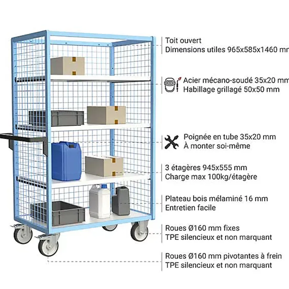 Armoire grillagée sans toit 3 étagères incluses - Plateau 965x585mm - Charge max 500kg - 880725225