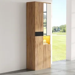 Armoire Haute avec Miroir et 4 Portes, Meuble de Rangement avec Niche Ouverte - Noir et Bois 65x35x190 cm