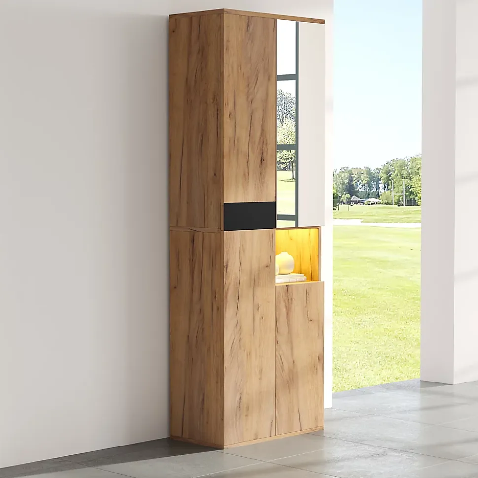 Armoire Haute avec Miroir et 4 Portes, Meuble de Rangement avec Niche Ouverte - Noir et Bois 65x35x190 cm
