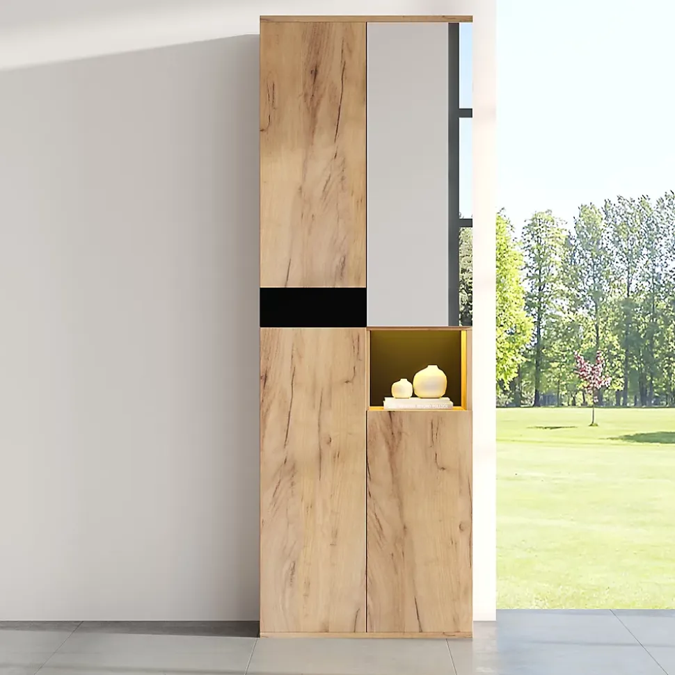 Armoire Haute avec Miroir et 4 Portes, Meuble de Rangement avec Niche Ouverte - Noir et Bois 65x35x190 cm