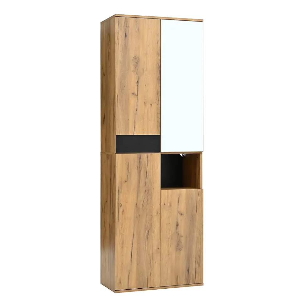 Armoire Haute avec Miroir et 4 Portes, Meuble de Rangement avec Niche Ouverte - Noir et Bois 65x35x190 cm