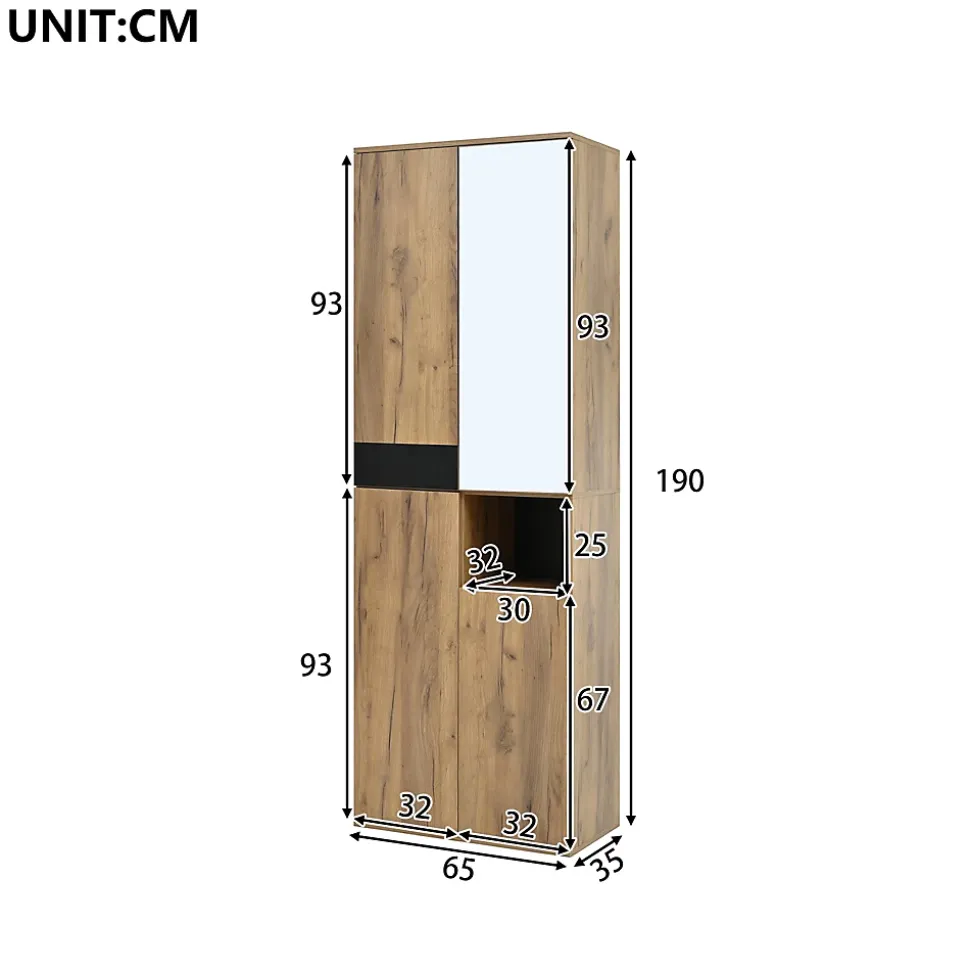 Armoire Haute avec Miroir et 4 Portes, Meuble de Rangement avec Niche Ouverte - Noir et Bois 65x35x190 cm