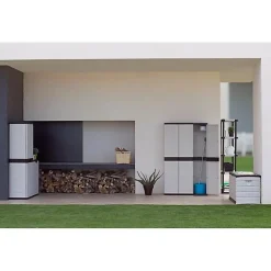 Armoire haute avec étageres - PLASTIKEN - Titanium - 70 x 44 x 176 cm - Beige et Noir
