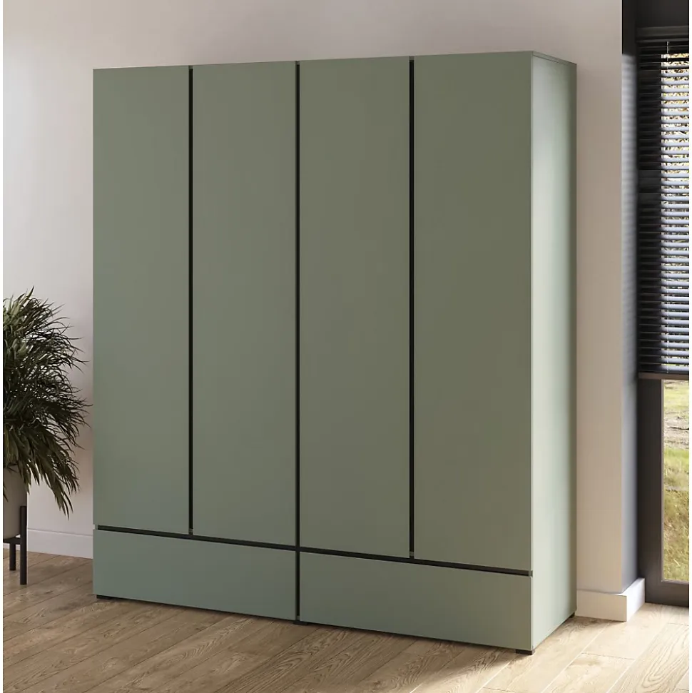 Armoire HAVANA 180 cm 4 portes et 2 tiroirs Coloris vert sauge et noir Design moderne et grande capacité