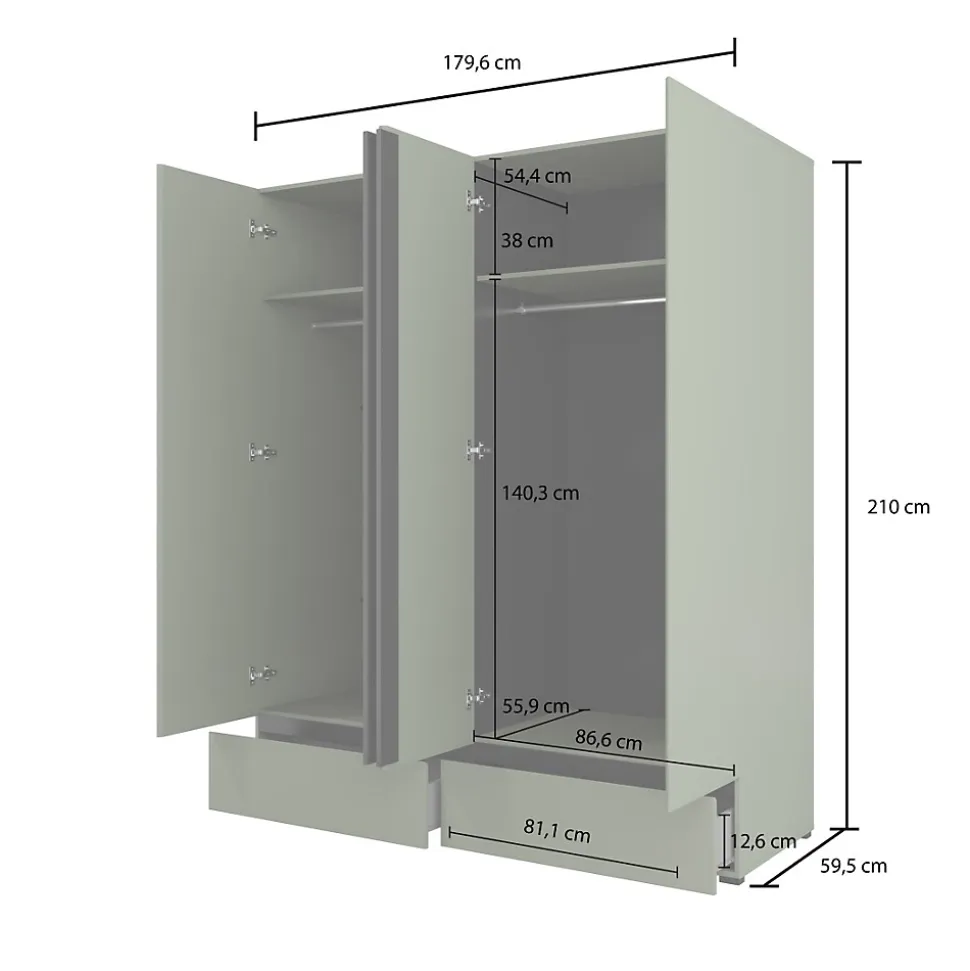 Armoire HAVANA 180 cm 4 portes et 2 tiroirs Coloris vert sauge et noir Design moderne et grande capacité