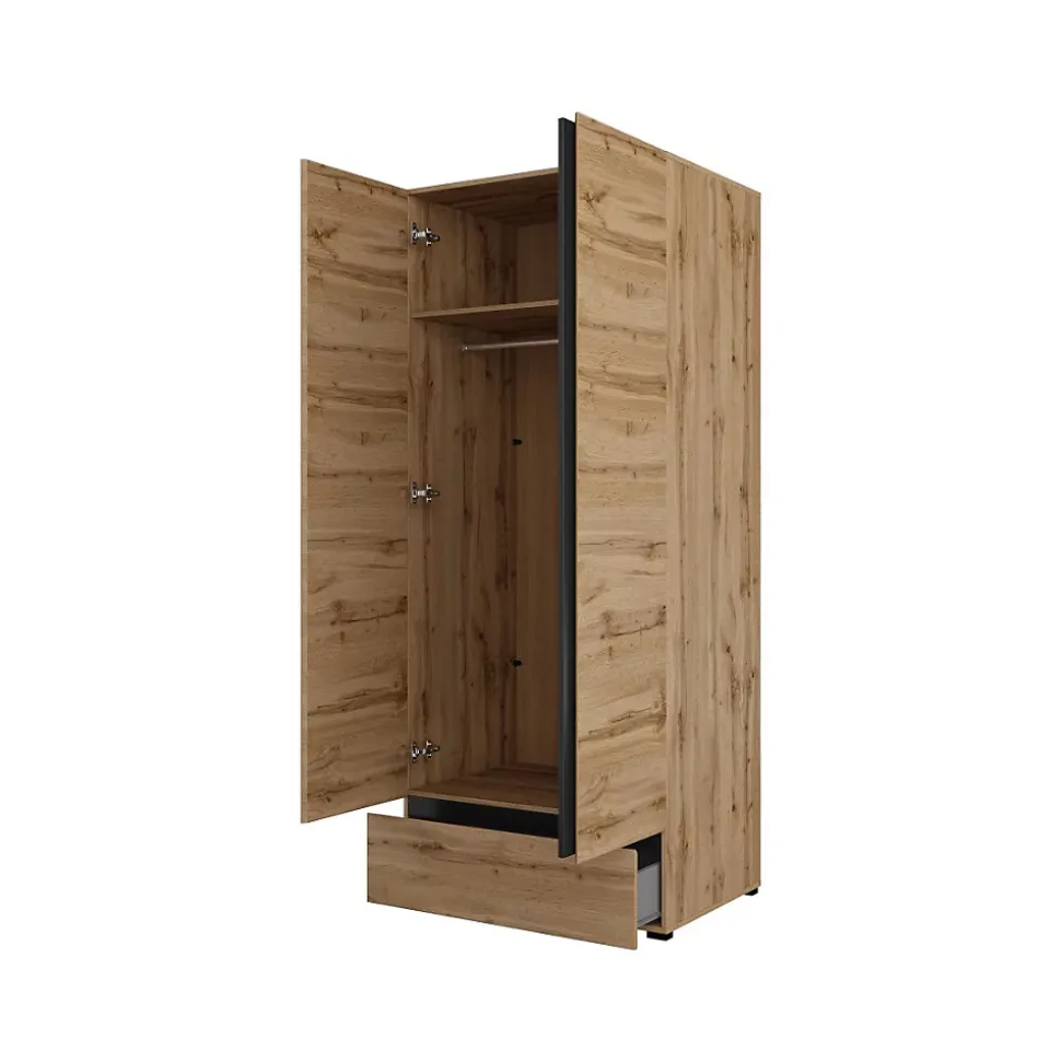 Armoire HAVANA 90 cm Chene et noir 2 portes et 1 tiroir Rangement compact au style naturel