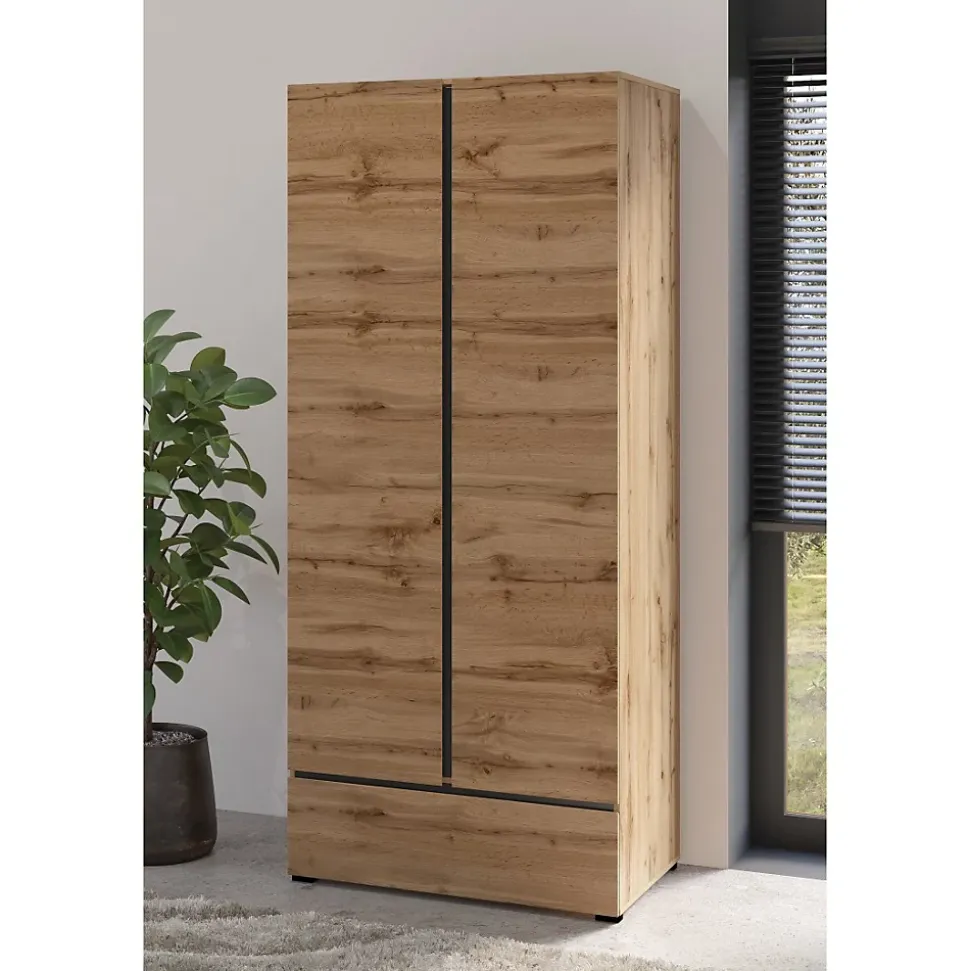 Armoire HAVANA 90 cm Chene et noir 2 portes et 1 tiroir Rangement compact au style naturel