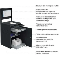 Armoire informatique fixe - Bleu industriel - Box écran 24 pouces inclinable et plateau - W040010029-GCBI