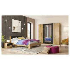 Armoire IRINA 4 portes avec miroirs - chene et noir - 228 x 57 x 214 cm