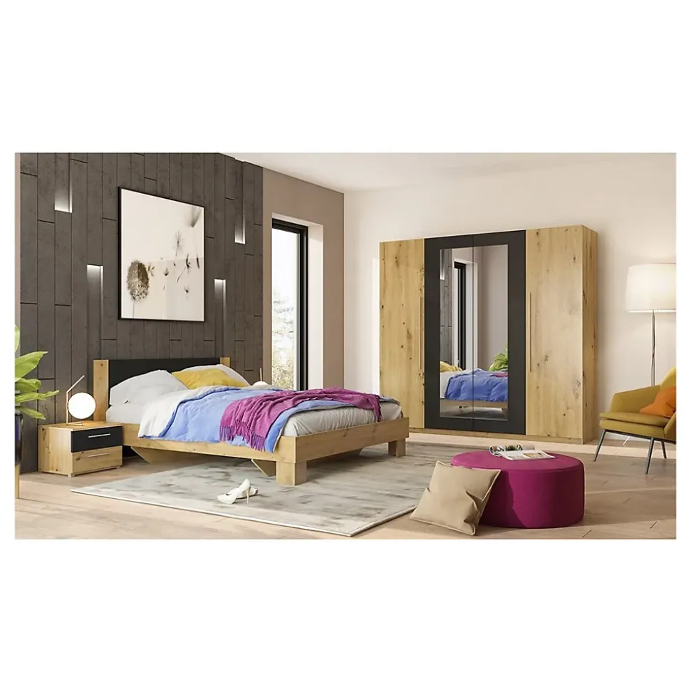 Armoire IRINA 4 portes avec miroirs - chene et noir - 228 x 57 x 214 cm