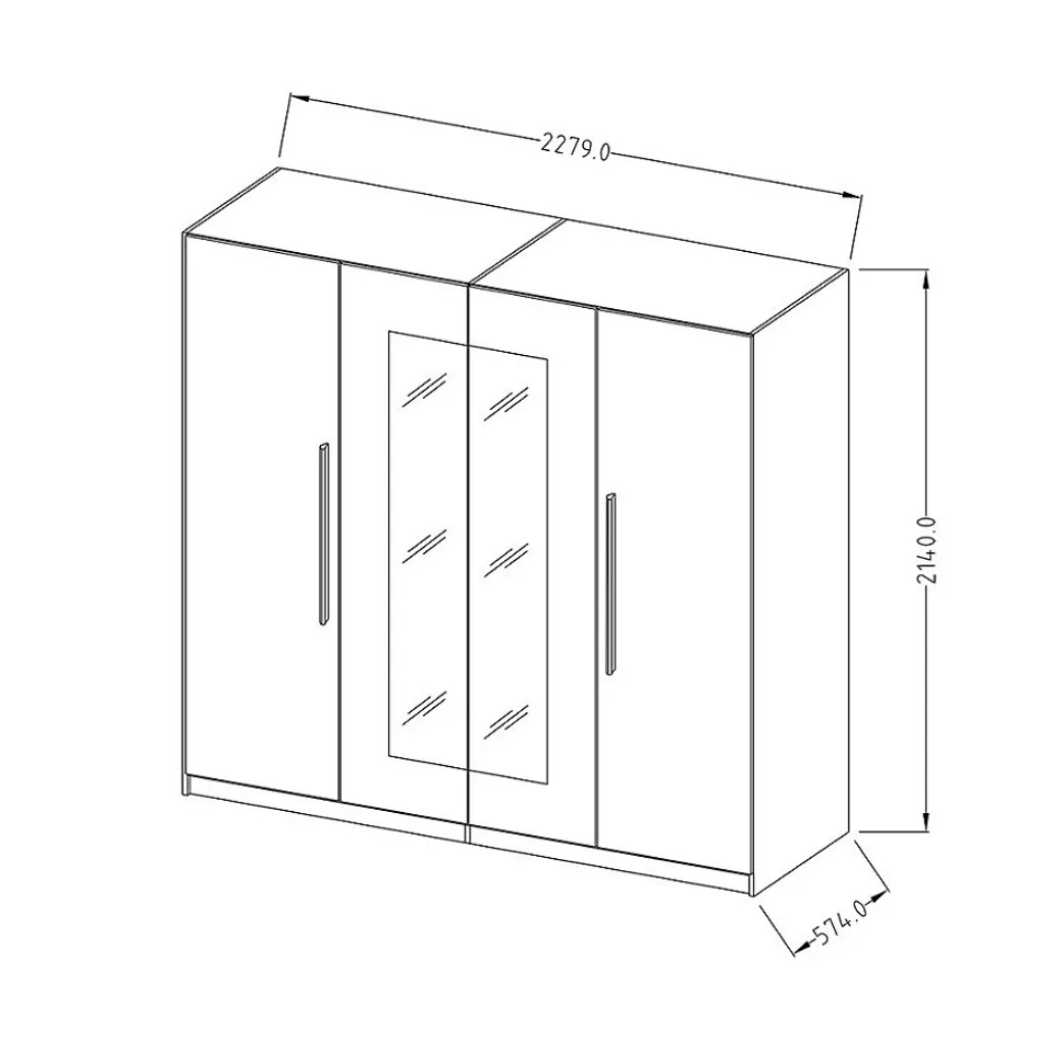 Armoire IRINA 4 portes avec miroirs - chene et noir - 228 x 57 x 214 cm