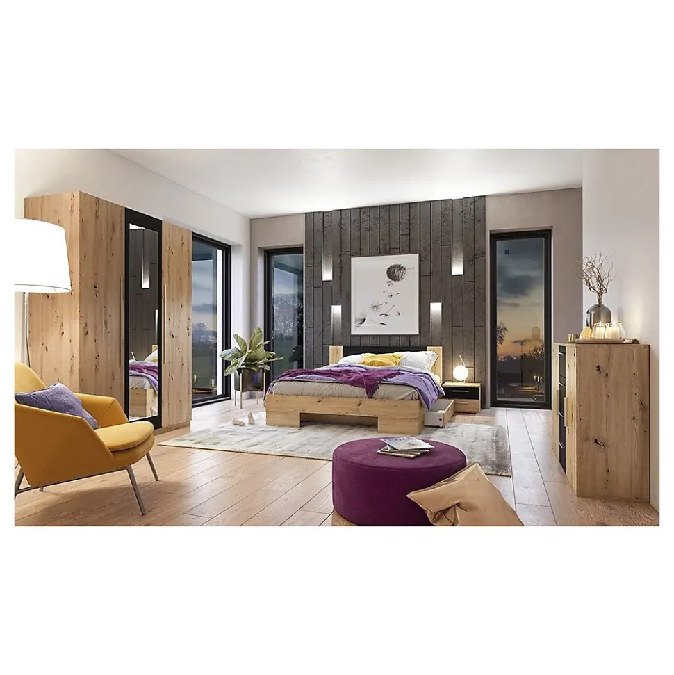 Armoire IRINA 4 portes avec miroirs - chene et noir - 228 x 57 x 214 cm