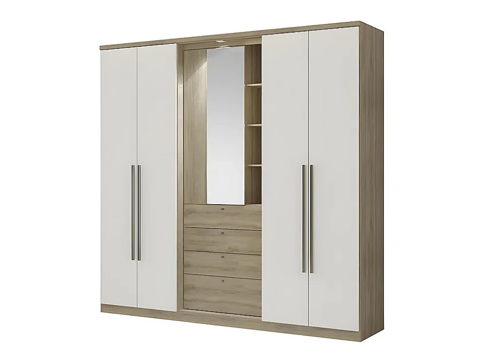 Armoire ISAK II - 4 portes - Miroir et tiroirs - L240 cm - Chêne et ivoire