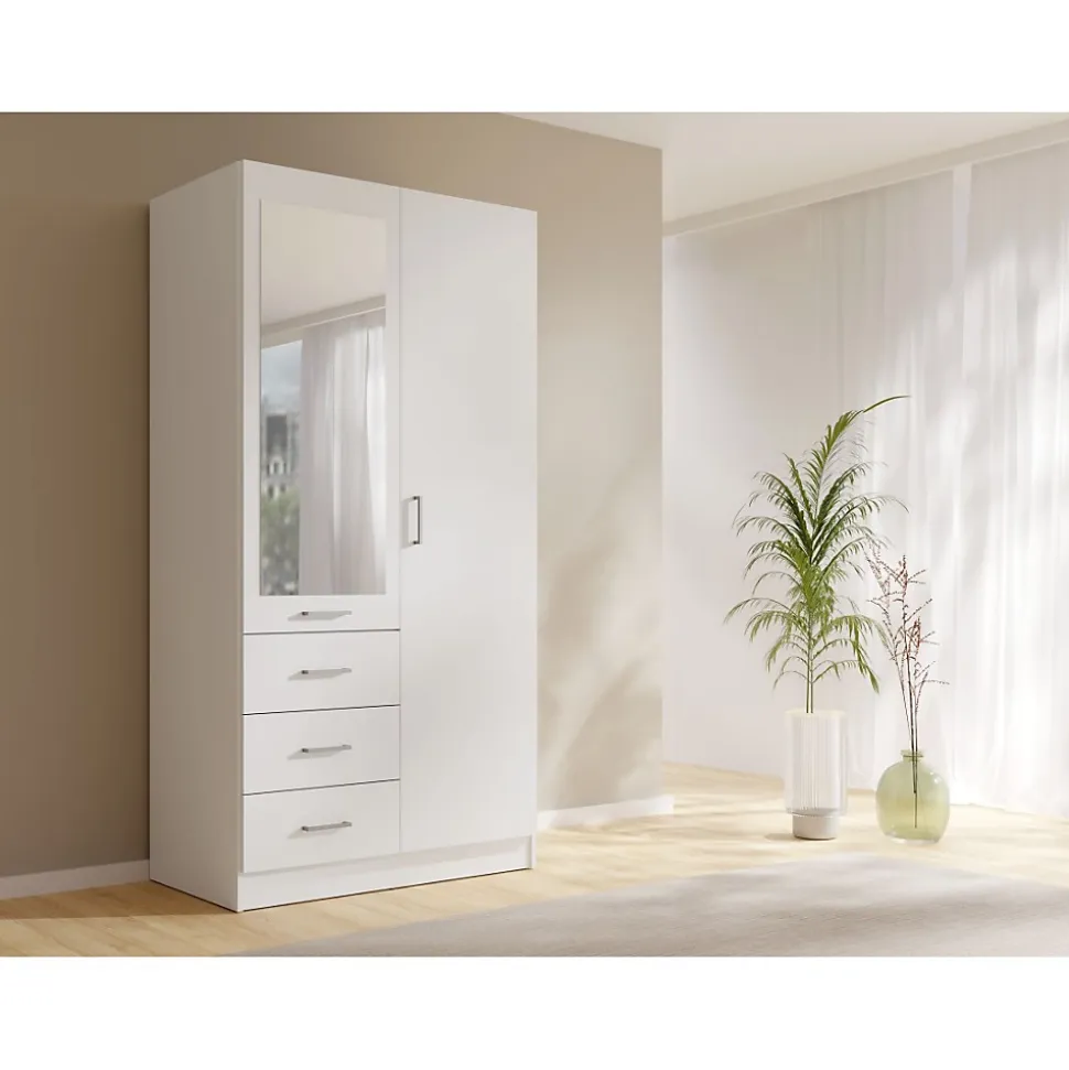 Armoire KALISTA 101 cm blanc mat avec miroir et 3 tiroirs 2 portes battantes