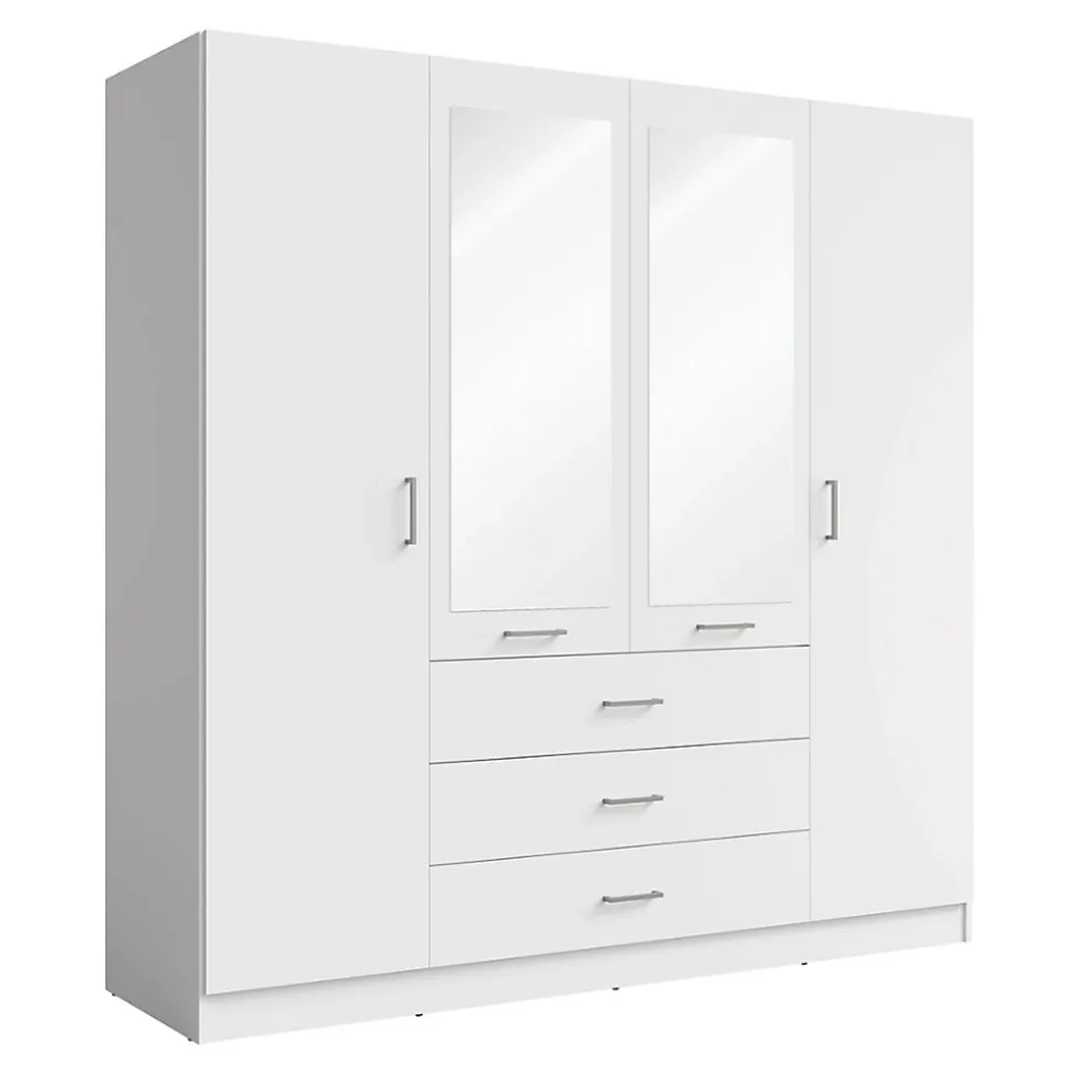 Armoire KALISTA 200 cm blanc mat 4 portes battantes, 2 miroirs, 3 tiroirs