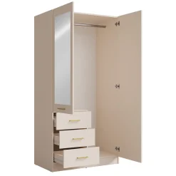 Armoire KALISTA 101 cm coloris sable avec miroir et 3 tiroirs 2 portes battantes