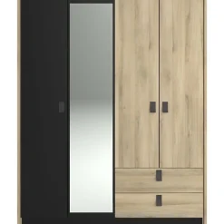 Armoire KIERAN 4 portes 2 tiroirs imitation chêne et noir L162 P52,1 H199,2 cm