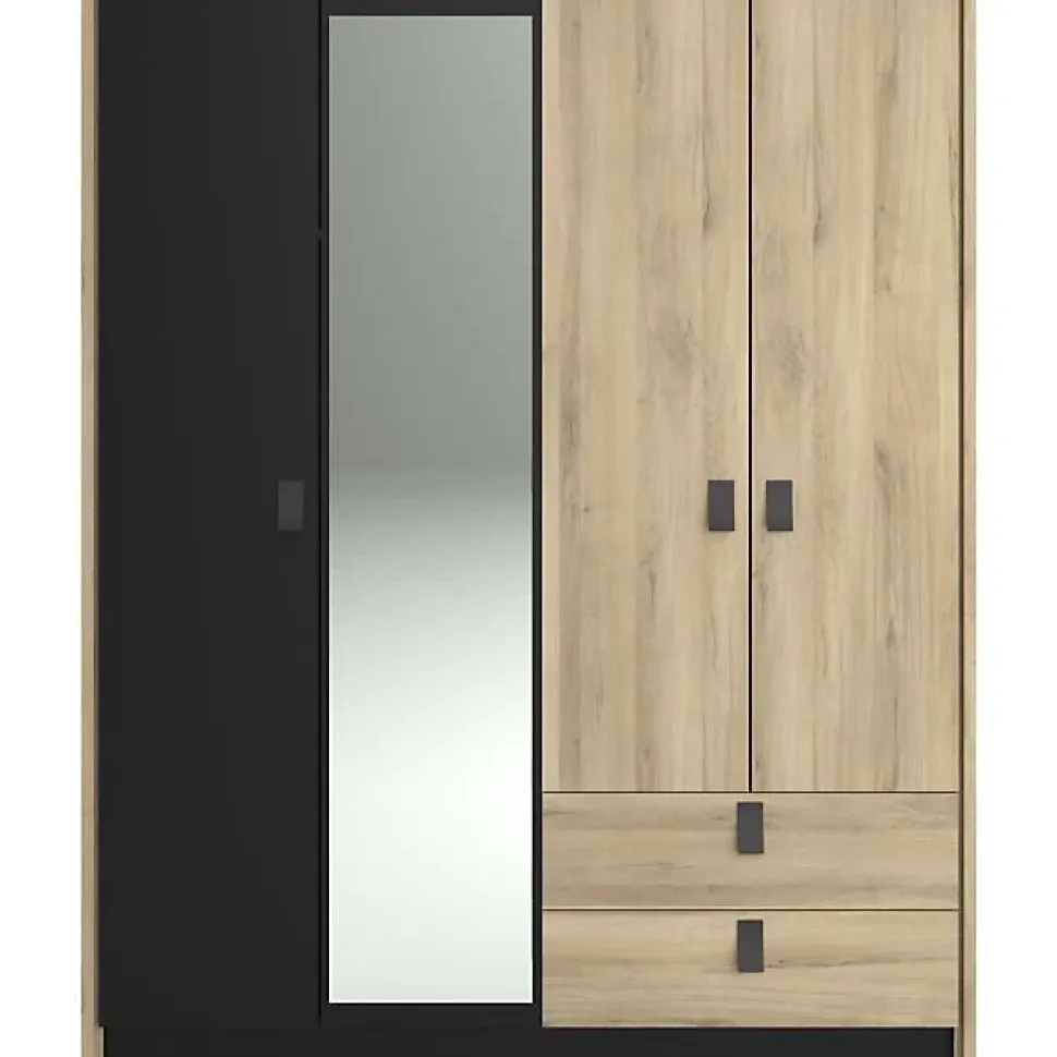 Armoire KIERAN 4 portes 2 tiroirs imitation chêne et noir L162 P52,1 H199,2 cm