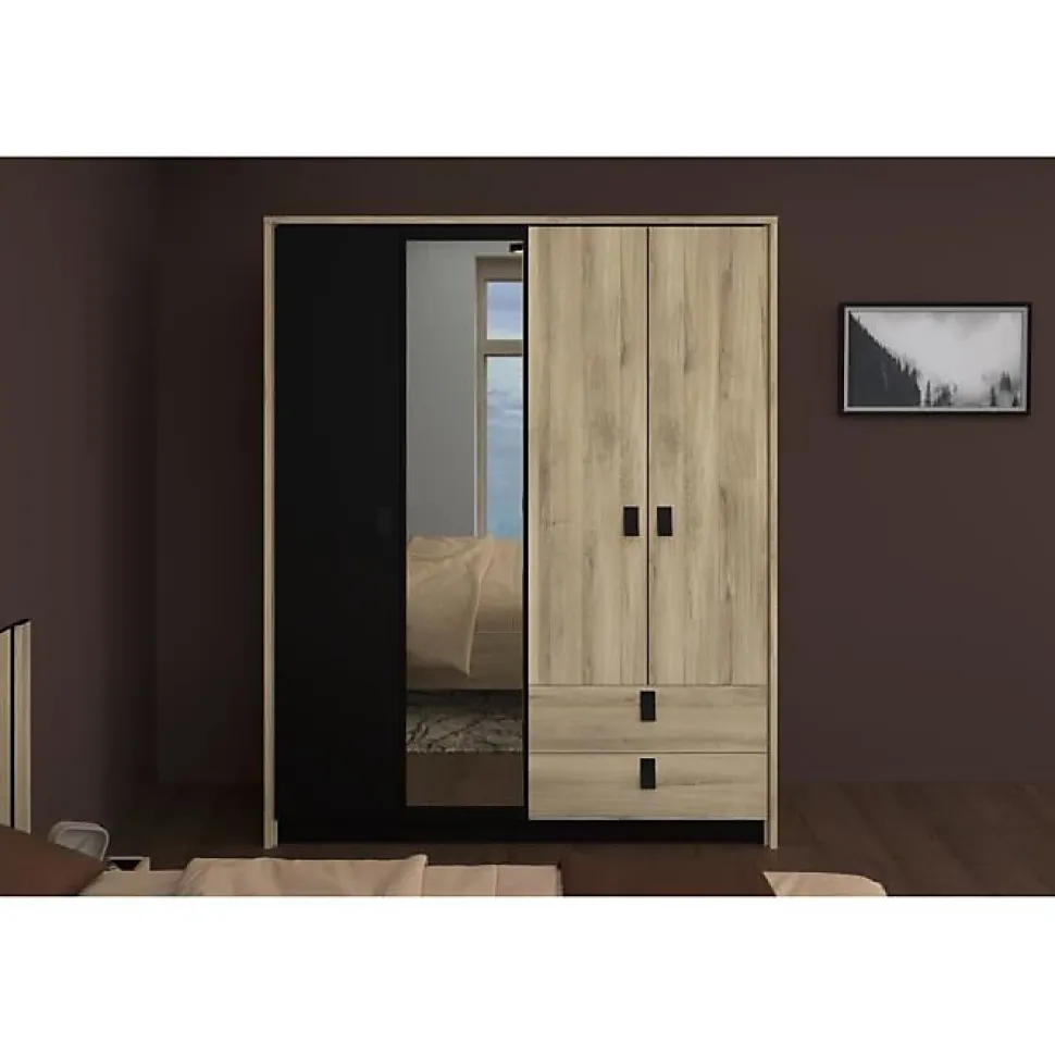 Armoire KIERAN 4 portes 2 tiroirs imitation chêne et noir L162 P52,1 H199,2 cm