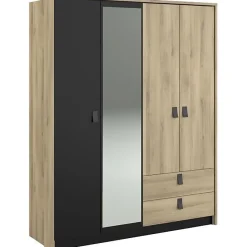 Armoire KIERAN 4 portes 2 tiroirs imitation chêne et noir L162 P52,1 H199,2 cm