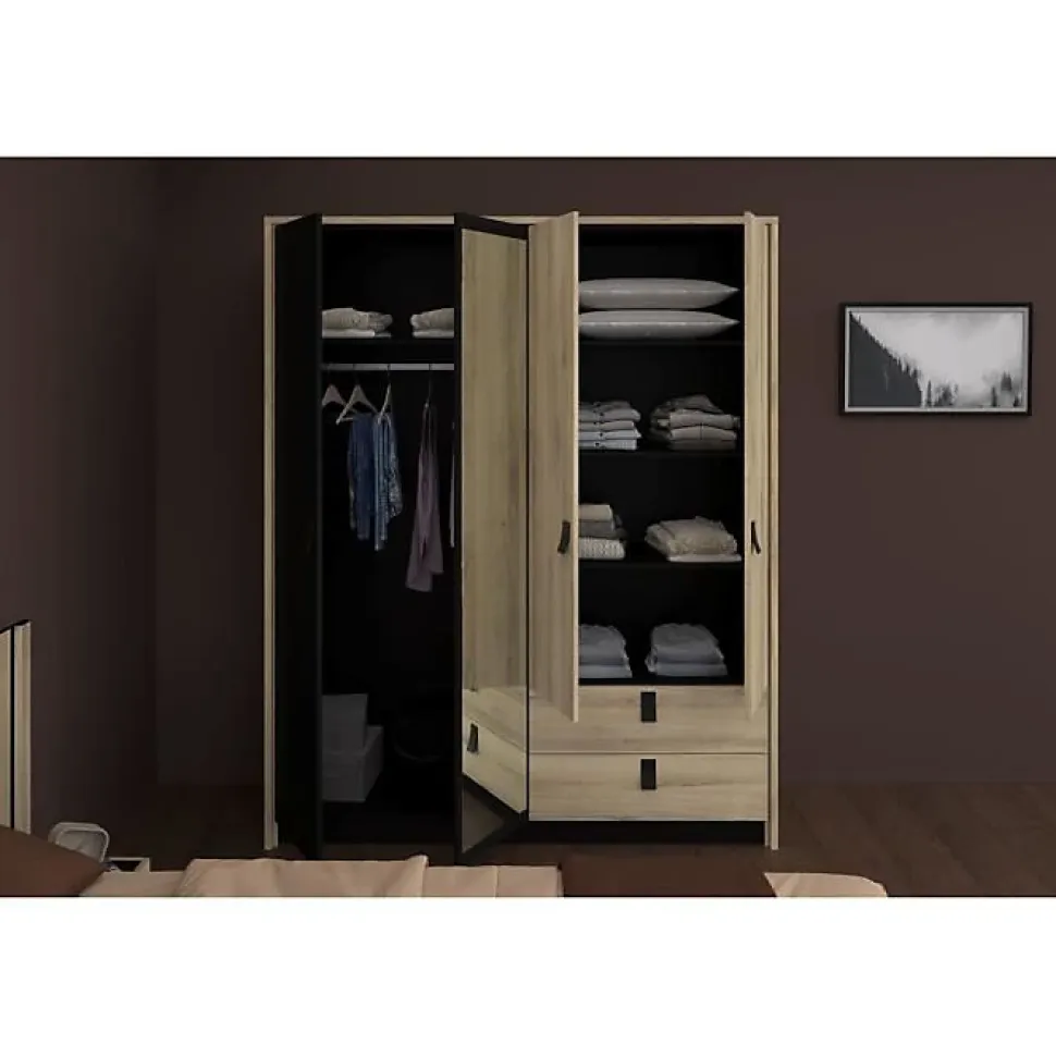 Armoire KIERAN 4 portes 2 tiroirs imitation chêne et noir L162 P52,1 H199,2 cm