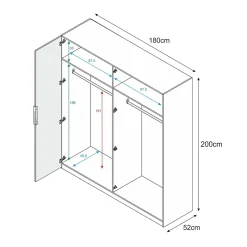 Armoire Knoxville, Armoire de chambre avec 4 portes battantes, Armoire avec 2 Etageres, 180x52h200 cm, Blanc