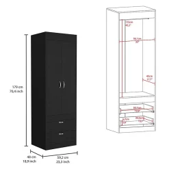 Armoire Lisboa, avec 2 tiroirs et rail de suspension , 178.81 cm X 59.18 cm X 48 cm , Noir