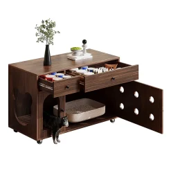 Armoire litière chat 100x45x66cm - noyer, plateau amovible, anti-odeurs