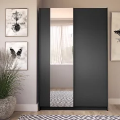 Armoire LYSIA 120 cm noir mat 2 portes coulissantes avec miroir
